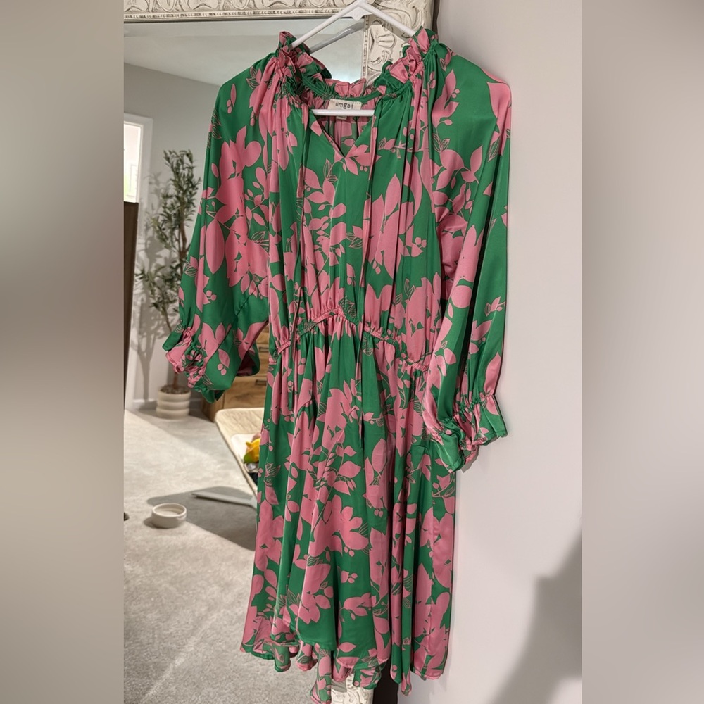 Umgee Green and Pink Floral Long Sleeve Dress